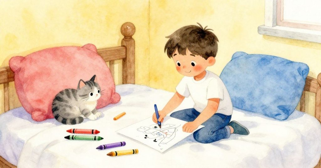 Leo在溫馨臥室中小心整理完蠟筆後，將完成的鳥畫放上床，旁邊小貓安靜依偎，展現結局和寧靜情感