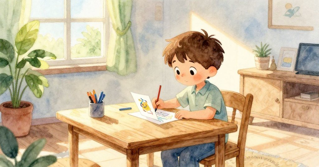 Tom在溫暖晨光中於餐桌旁專心作畫，臉上展露期待與專注，展現家庭溫馨的起始。