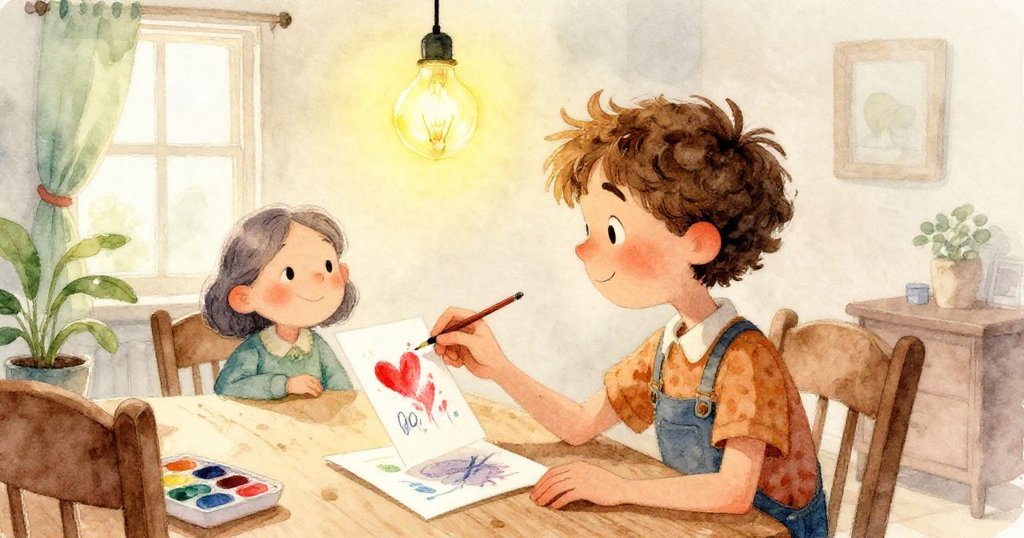 Tom專注地用手選取鮮紅顏料，展現桌面木紋細膩質感，充滿期待與溫馨的家庭氛圍。