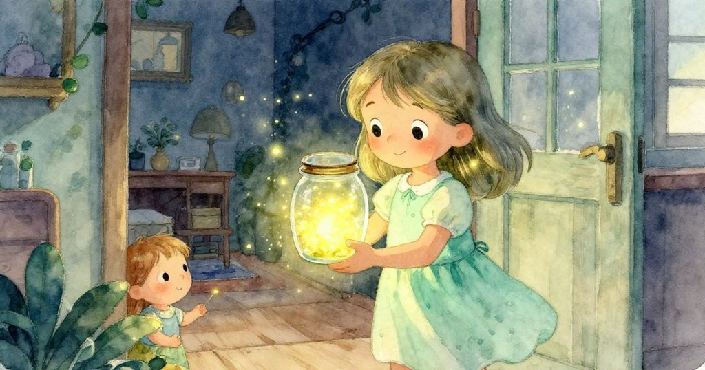 Mia輕推門進來，捧著閃爍螢火蟲的玻璃瓶，帶來柔和魔幻光芒，為黑暗房間注入溫暖生機。