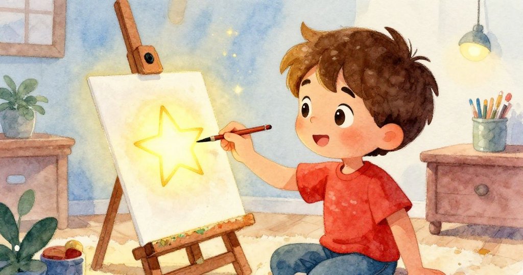 Tom滿懷喜悅舉起閃亮卡片，專注以畫筆繪製最後一顆星，散發出滿滿創意與決心情感。