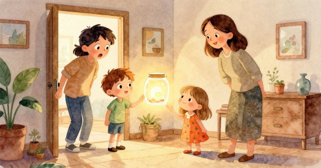 母親驚喜走入房間，眼中流露欣喜見發光瓶和亮卡片，與Tom和Mia共同享受家庭和諧溫暖的結局。