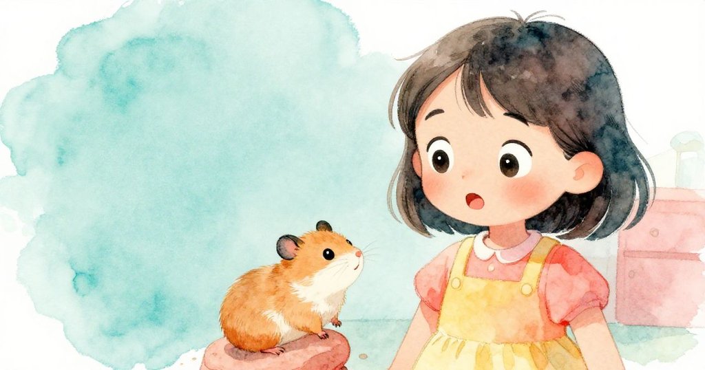 發現時刻，Luna因小倉鼠爬上袖子而驚訝凝視，細節描繪小倉鼠緊抓布料，溫馨室內中充滿情感轉變。