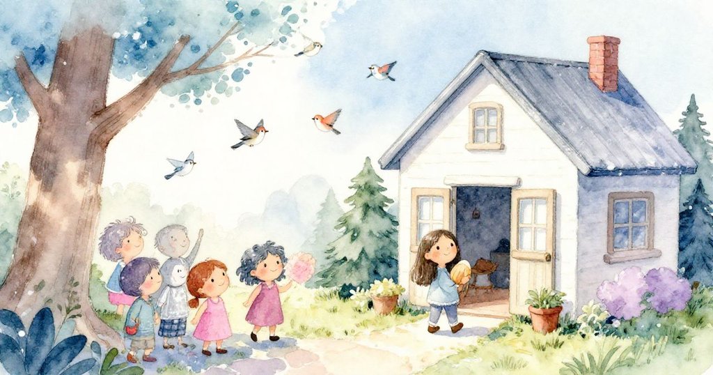 米婭拿著厚書快步走出家門,樹下團隊聚集談笑,陽光柔和照耀,充滿期待與喜悅的開始。