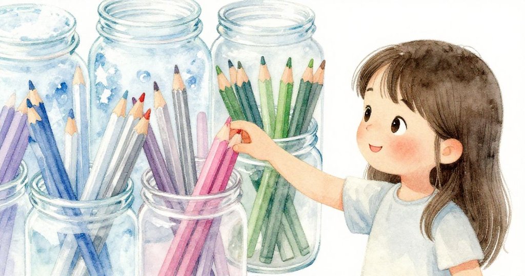 米婭伸手觸摸放滿色鉛筆的透明瓶,細緻質感在柔光中顯現,表露專注與好奇情緒的瞬間。