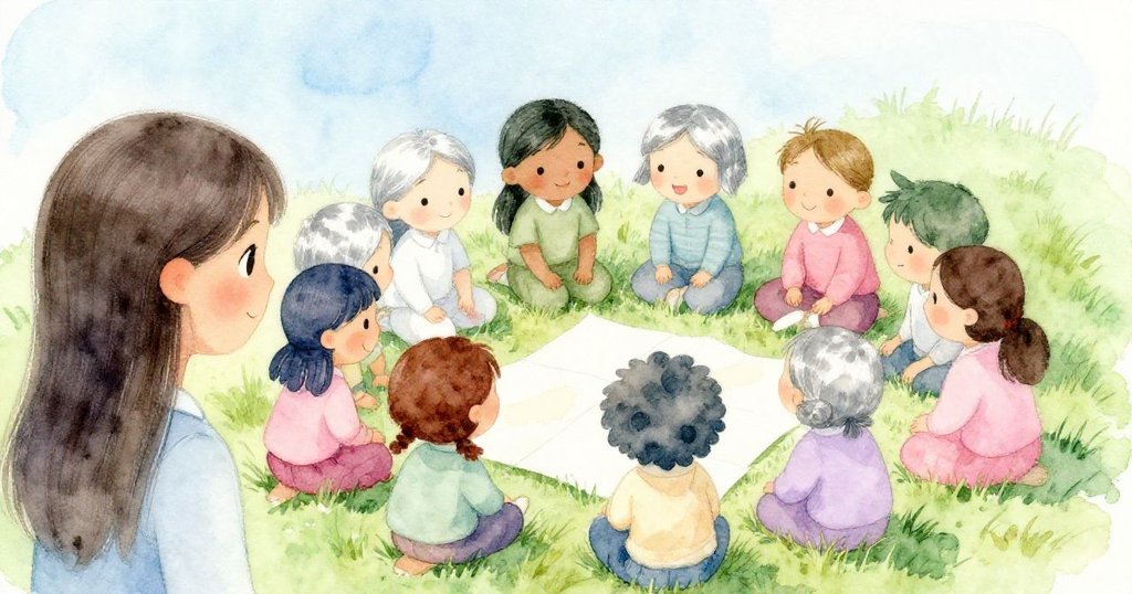 從米婭身後看見團隊圍坐討論繽紛紙張,彼此指點交流,呈現創作分享的溫馨氛圍與期待。