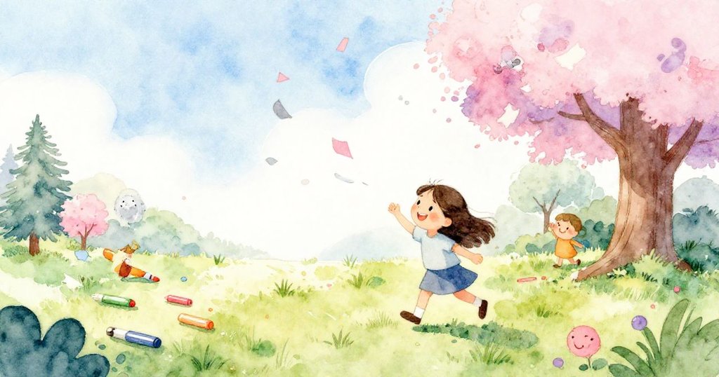 庭院中紙張隨柔風飛舞,彩色標記滑落草地,米婭與團隊驚喜互動,活潑生動展現大自然魅力。