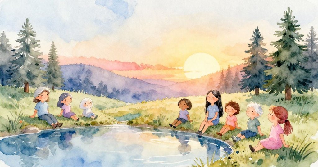 夕陽金色映襯下,米婭與團隊於池邊欣賞彩點畫紙,畫面滿溢成就感與平靜,溫馨動人收尾。