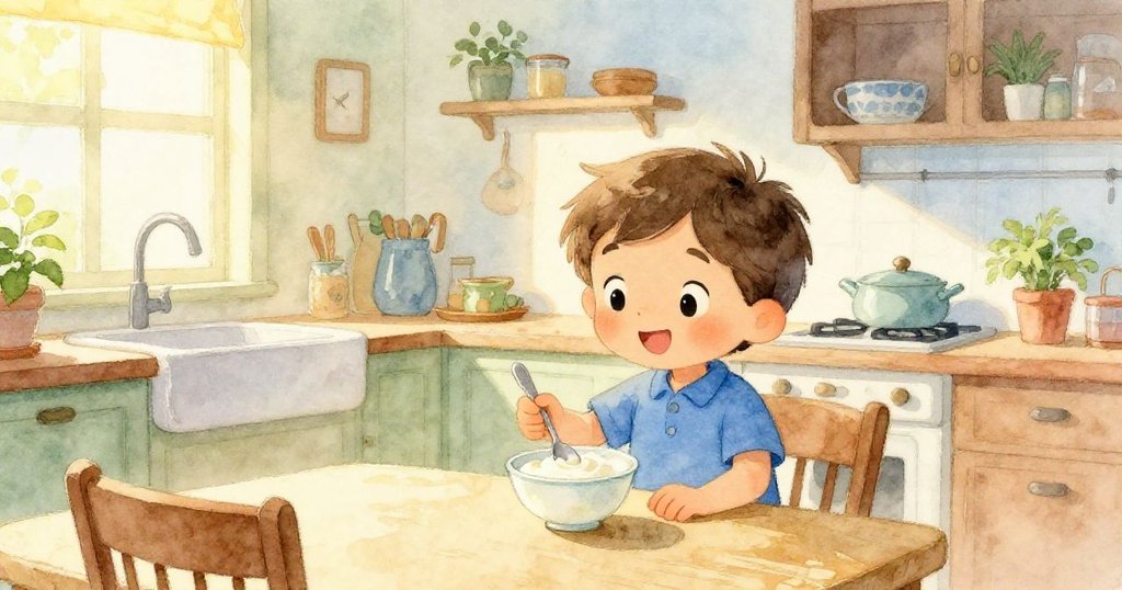 Sam站在明亮廚房裡，桌上有裝最後甜優格的小碗，環境充滿晨光與溫暖期待感。