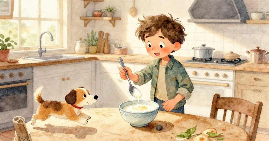 Sam仔細地舉起發光的銀匙，手部特寫清晰展現溫柔動作與廚房質感。