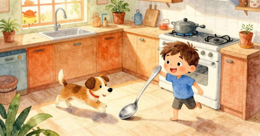 在明亮廚房中，高角度捕捉狗狗奔跑撞擊Sam，銀匙掉落滾動，場面充滿驚喜與活躍氣氛。