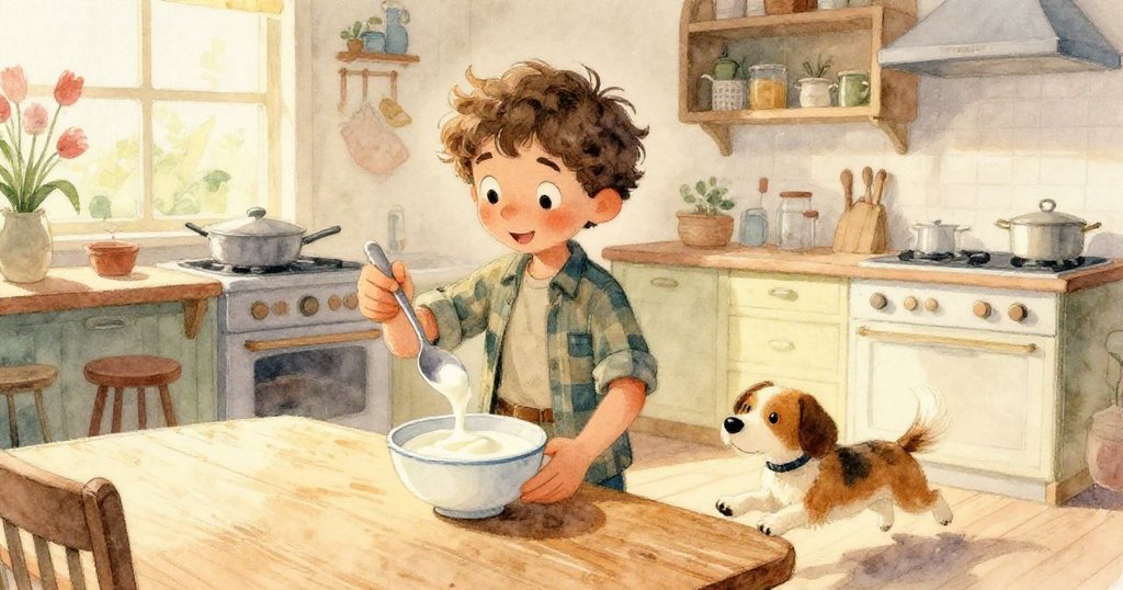 銀匙在光滑地板上滾動，狗狗好奇地嗅探，細節豐富反映出溫和光線與室內氛圍。