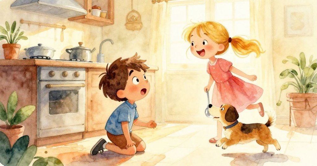 Sam驚訝跪坐，妹妹笑著入場，活潑狗狗驕傲帶回銀匙，場景洋溢家庭幽默與溫馨氣氛。