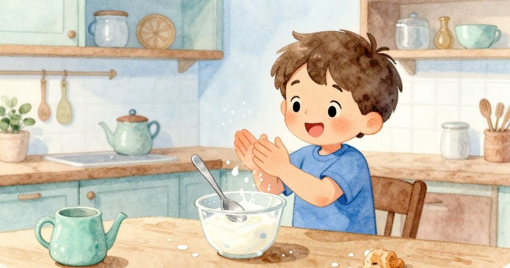 Sam滿心喜悅拍手洗淨濕銀匙並舀出甜優格，寧靜廚房恢復平和，帶來溫馨圓滿結局。