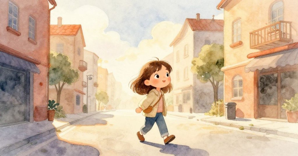 米拉在明亮早晨於寧靜街道上輕快行走，面帶微笑，背景呈現淡暖橘光與柔和雲彩，展現探索之情