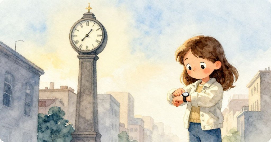 米拉停步查看手錶，注視著高大時鐘，晨光柔和映照時計細節，透露出期待與沉思