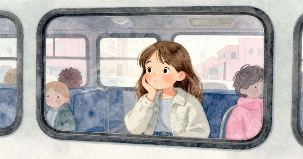 米拉透過公交車窗看到自己映像，柔和晨光與冷藍背景交織，表情專注中帶點沉靜