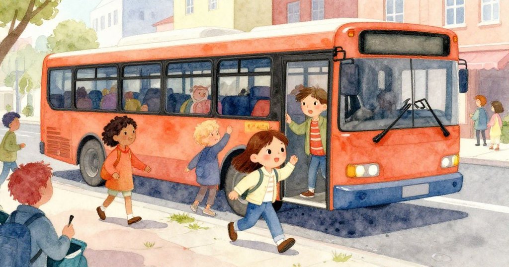 米拉隨著公交停靠移向路邊，乘客紛紛下車，街道生氣盎然，晨光中充滿活力與溫暖