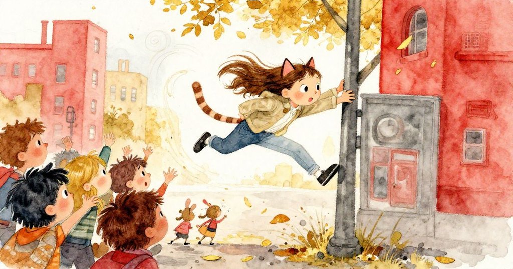 米拉注視著一隻活潑貓咪疾奔攀柱，旋轉樹葉飛舞，路人驚訝表情交織出趣味情景