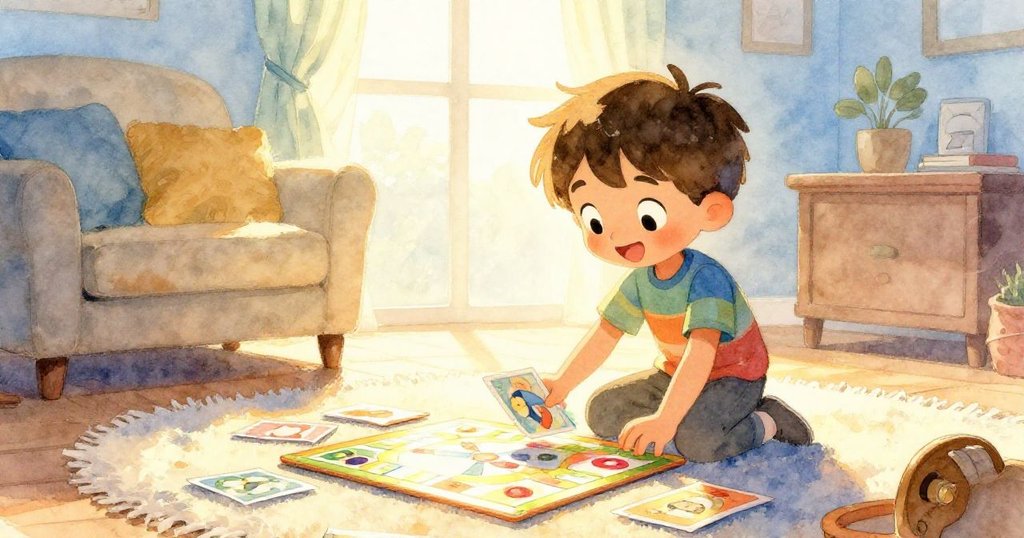 Sam 在明亮的客廳裡鋪開彩色卡片，旁邊放著閃耀的板子，他的身影剪影般展現出期待與活力，溫暖光線映襯著房間氣氛。