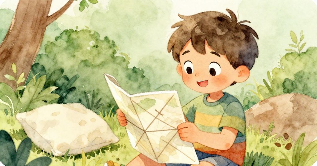 Sam 輕輕掀起柔軟枕頭，發現摺疊地圖，上面交錯線條與明顯 'X' 標記，手指觸碰紙張細節，充滿好奇探索氣氛。