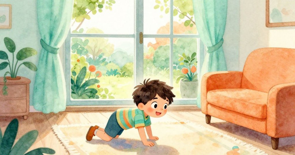 Sam 趴著移向沙發，室內透過大窗戶映出陽光花園，仔細對照地圖線索，神情堅定展現探索與冒險精神。