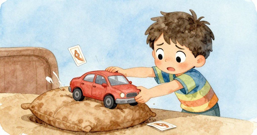 緊張時刻中，Sam 握住滾出的玩具車輕輕搖晃，沙發墊下隱藏的卡片露出一角，他表情焦急與期待並存。