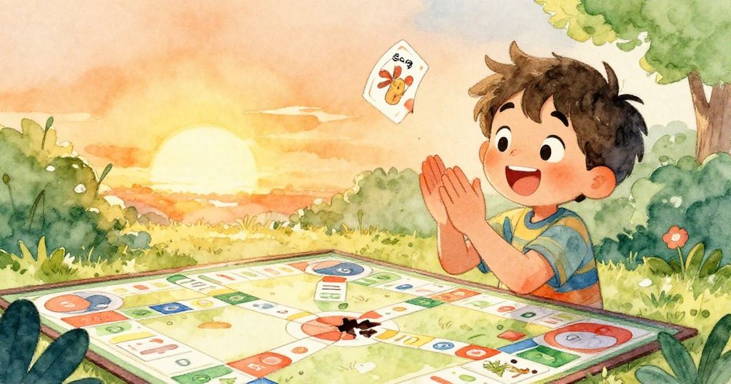 Sam 喜悅地拍手，將找回的卡片小心放於閃亮遊戲板上，臉上滿是勝利與歡樂，在溫暖柔和光線中流露出成功喜悅。