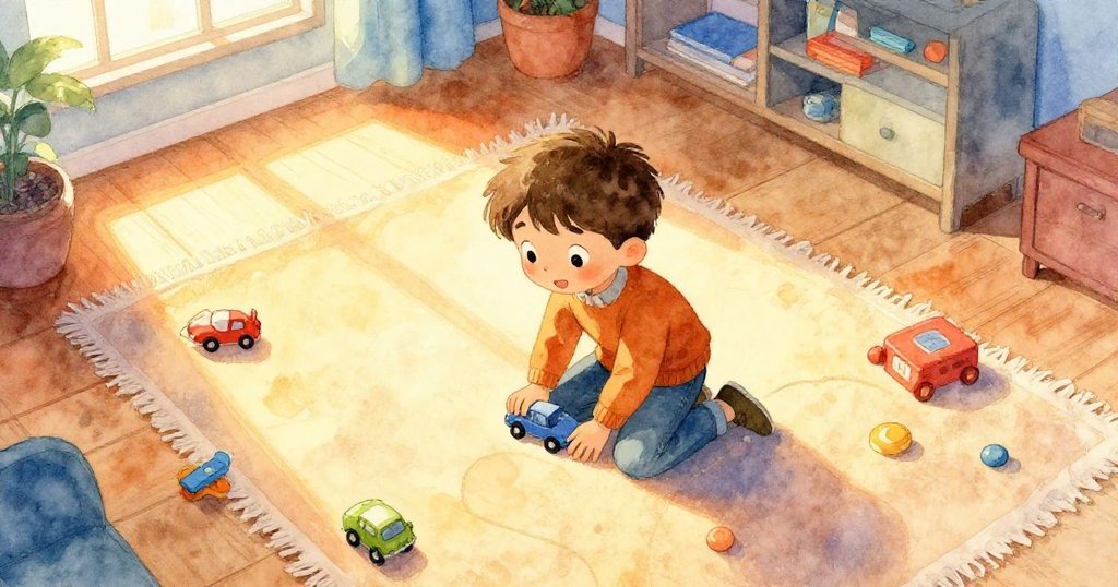 利亞姆在溫暖房間中蹲在地毯上搜查小車，四周散落玩具，臉上滿懷好奇與專注，展開故事開端。