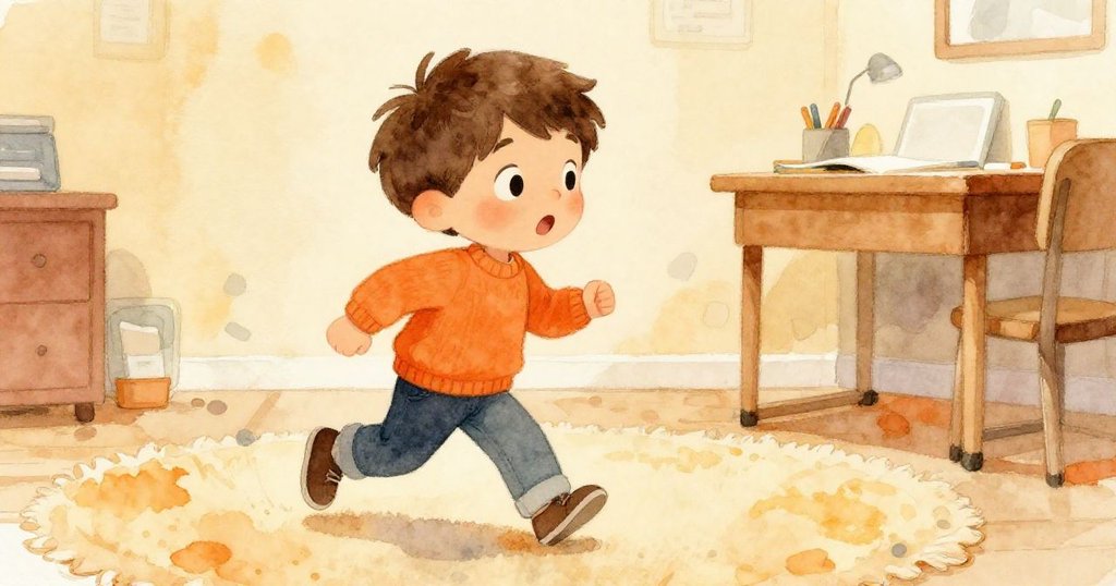 利亞姆聽到窗外奇妙聲音後急忙從地毯起身，輕快步向書桌，心情既興奮又略帶驚訝。