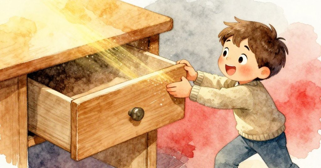 利亞姆在書桌前拉扯半掩古樸抽屜，隨著動作陽光中塵埃輕舞，充滿好奇與決心。