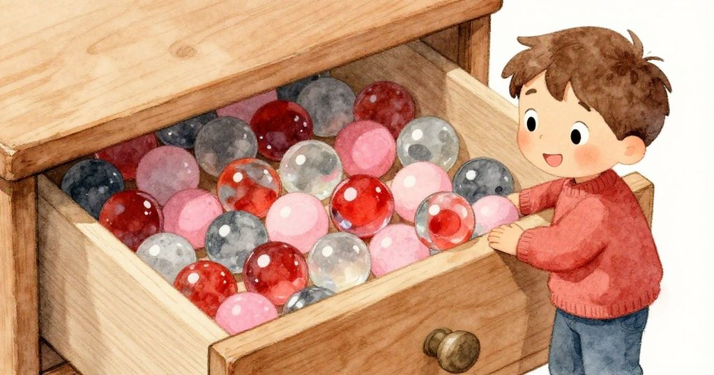 利亞姆拉開抽屜露出絢麗彈珠，其中一顆滾出，畫面充滿驚喜與魔法般的光芒。