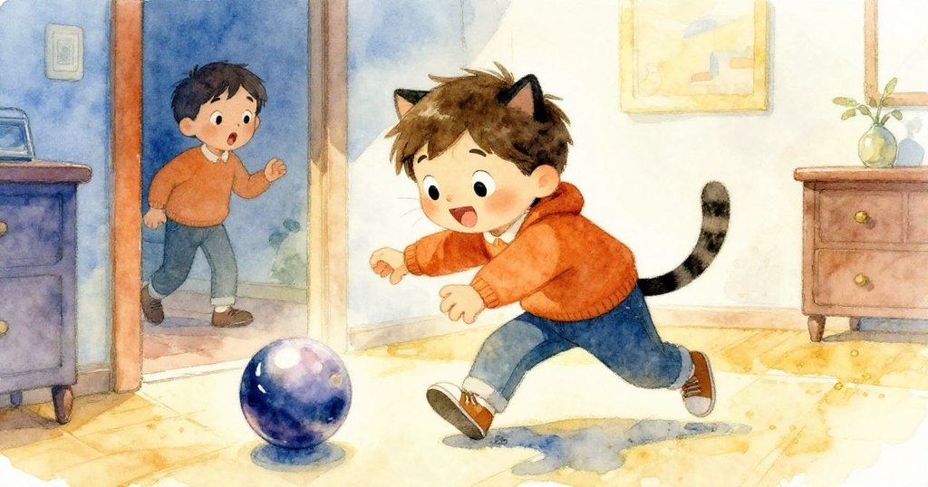 活潑貓咪進入房間輕撥滾動彈珠，利亞姆背後露出驚喜表情，場景充滿趣味與活力，故事進入高潮。