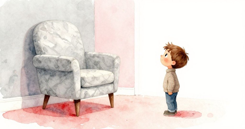 利亞姆靜觀彈珠停於椅下，臉上呈現平靜驚奇，房間溫馨寧靜，故事完美收尾。