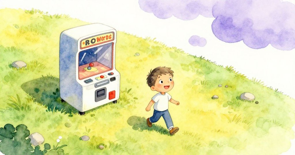 班在綠草如茵的山丘上行走,遠處一台懷舊遊戲機靜靜等待,陽光普照充滿期待。