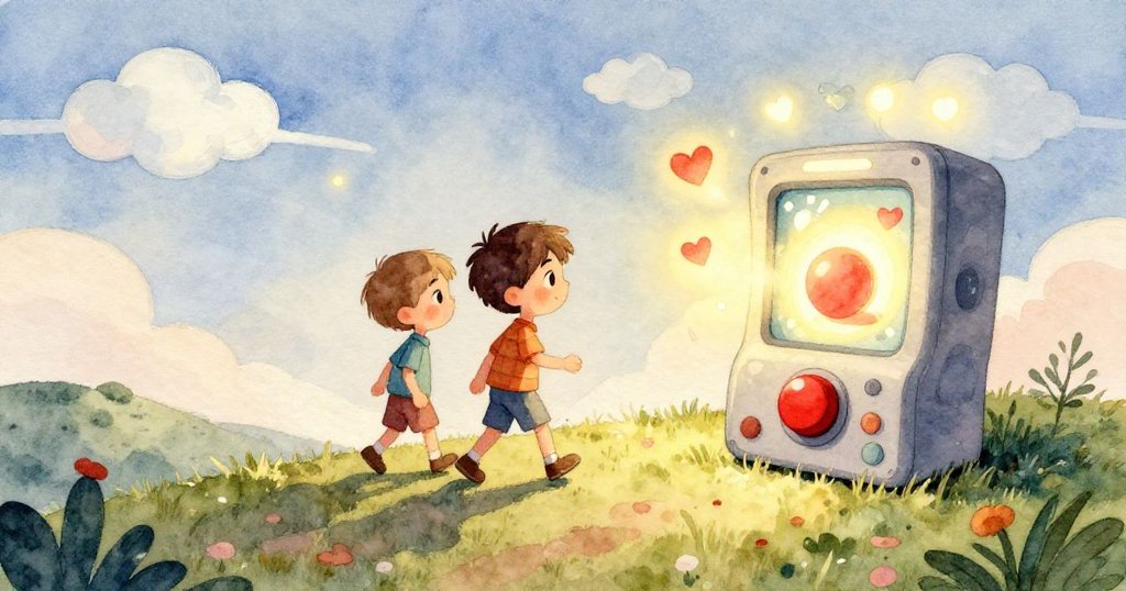 班專注地凝視發光紅鈕,臉上充滿驚奇與期待,背景中遊戲機柔和燈光閃爍。