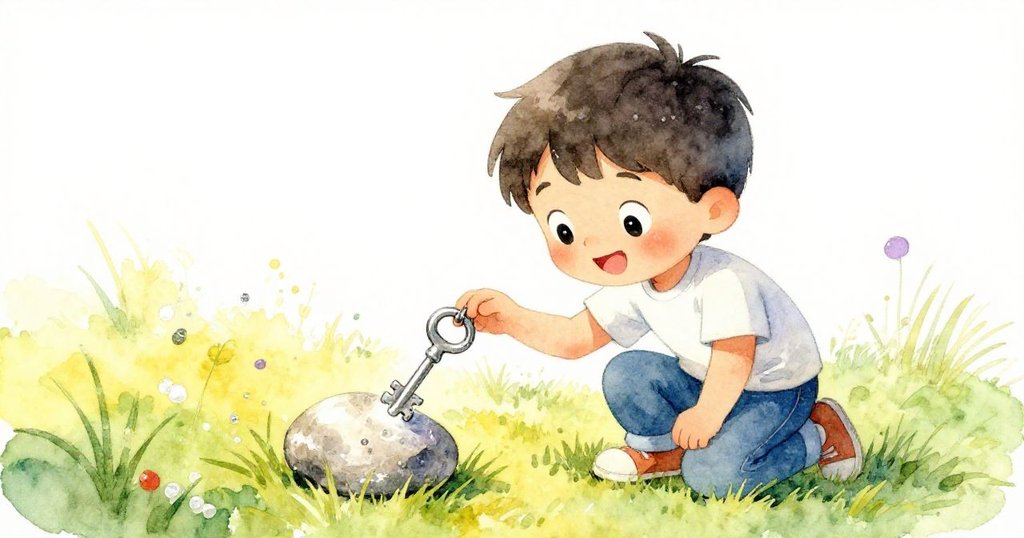 班檢查口袋只見棉絮時,瞥見草地上一塊石頭反射出銀色鑰匙,眼中閃爍著驚奇。