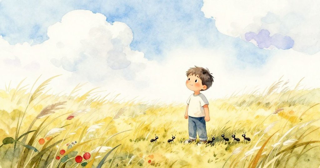 班站在草地上,雲彩飄過晴空,微風吹拂草叢,鞋邊螞蟻細小有序,洋溢自然魔力。