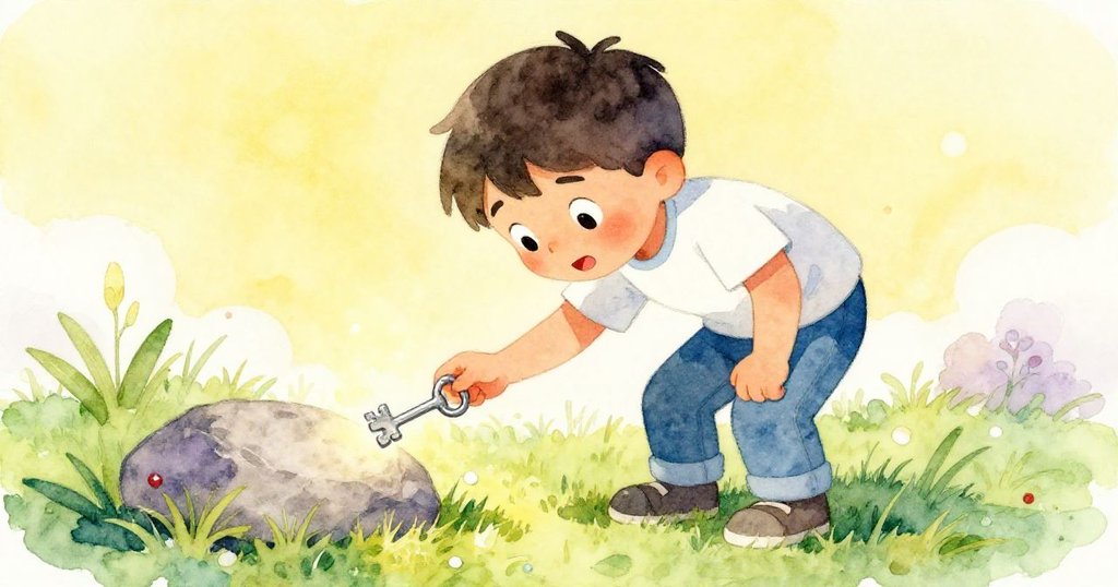 班彎腰從石下取出閃亮鑰匙,專注表情透露堅定與期待,背景草地靜謐。