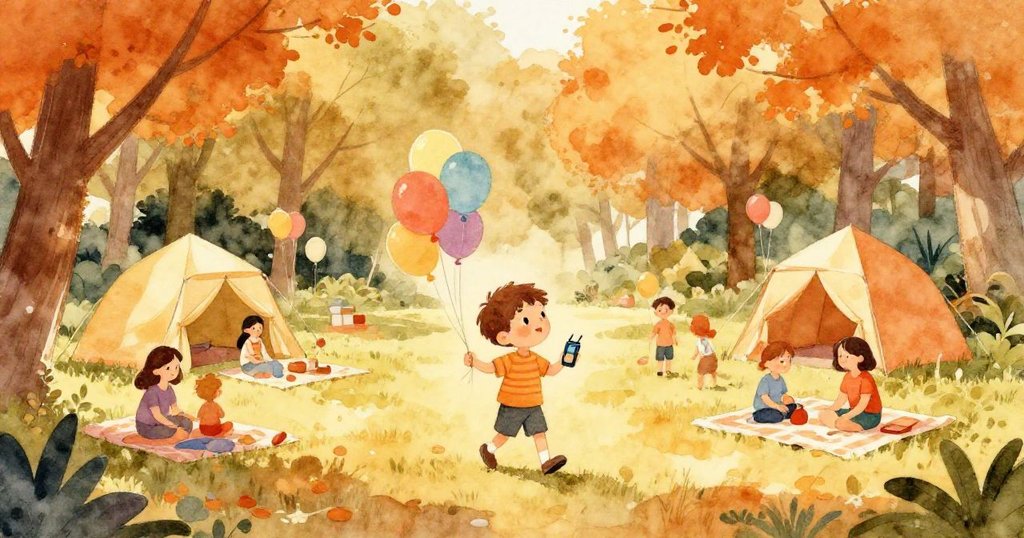 小男孩Leo走進充滿節日氣氛的公園，手持音樂播放器，背景有熱鬧的氣球和彩色帳篷，臉上帶著期待的神情。