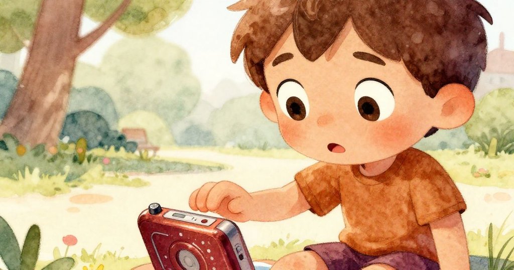 Leo專注地按下音樂播放器的播放鍵，眼神充滿期待與好奇，背景隱約顯示慶祝公園的溫暖氛圍。