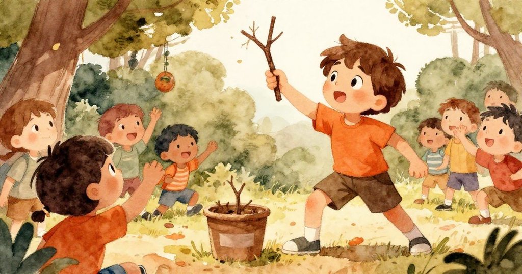 以低角度觀看，Leo自信地將細小枝條敲擊在公園垃圾桶上，背景中孩子們充滿驚喜模仿節奏，氛圍溫暖而充滿活力。