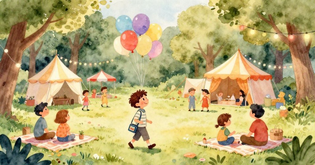 在涼爽的秋日氣息中，孩子們隨著動聽節奏起舞，背景彩帳隨風搖曳，四周落葉飛舞，場景充滿節慶喜悅。