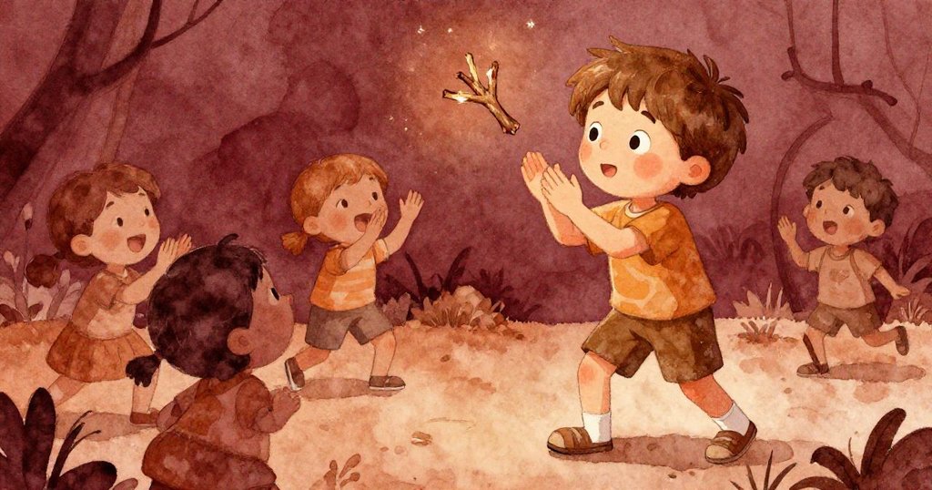 在驚喜探索中，Leo與孩子們圍成一圈，模仿他用枝條敲出的節拍，大家臉上充滿快樂與活力，同時拍手響應。