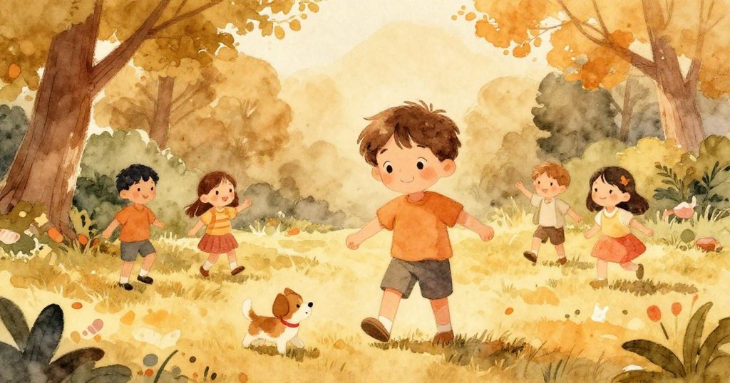 公園慶典漸歇，Leo微笑注視著孩子們輕舞與家長們安坐，柔和燈光中小狗嬉戲，整個場景彷彿充滿溫馨平靜。