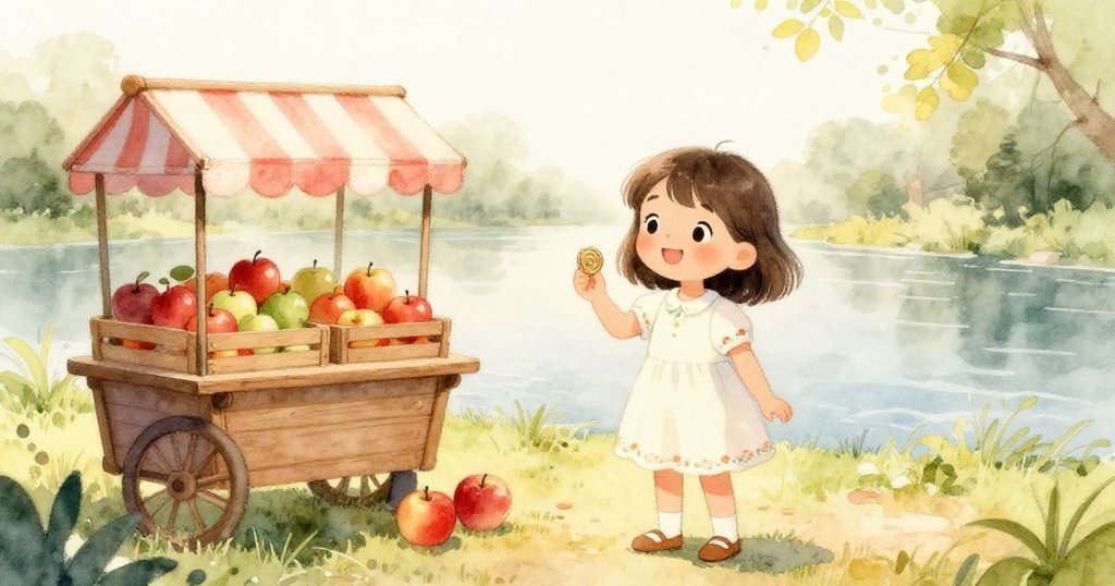 小女孩Mia在晨霧籠罩的河邊興奮持著閃亮硬幣，注視著裝滿鮮紅蘋果的水果推車，充滿好奇與期待。