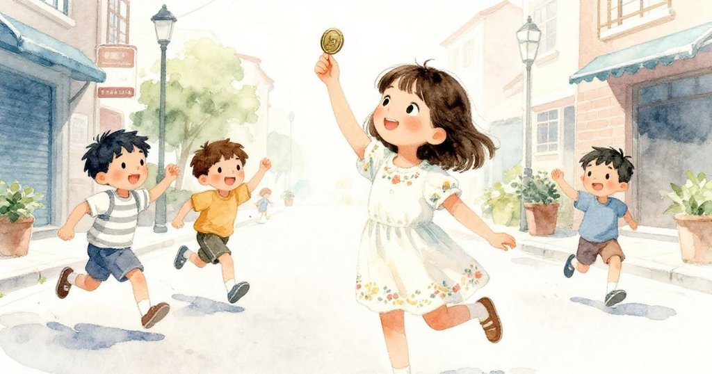 小女孩Mia在街道上慢慢舉起硬幣，奔跑的孩子們匆匆而過，一個孩子的手肘輕輕碰觸她，展現動感和驚訝情緒。