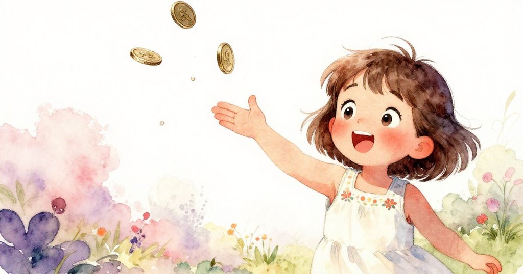 低角度鏡頭下，Mia驚訝地看著硬幣從手中滑落並滾向河邊，動感十足，背景展現戶外細節。