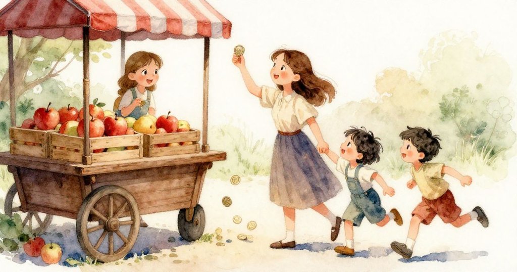 硬幣滑入清澈河水中，河畔春花綻放，水面上波光粼粼，展現寧靜而生機勃勃的季節景象。