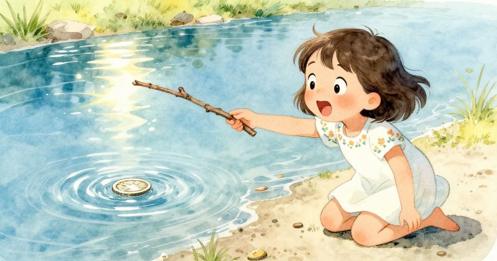 Mia在河邊驚訝地彎下身，用手抓住漂浮木棒，小心推動硬幣靠向岸邊，陽光下水面閃爍。